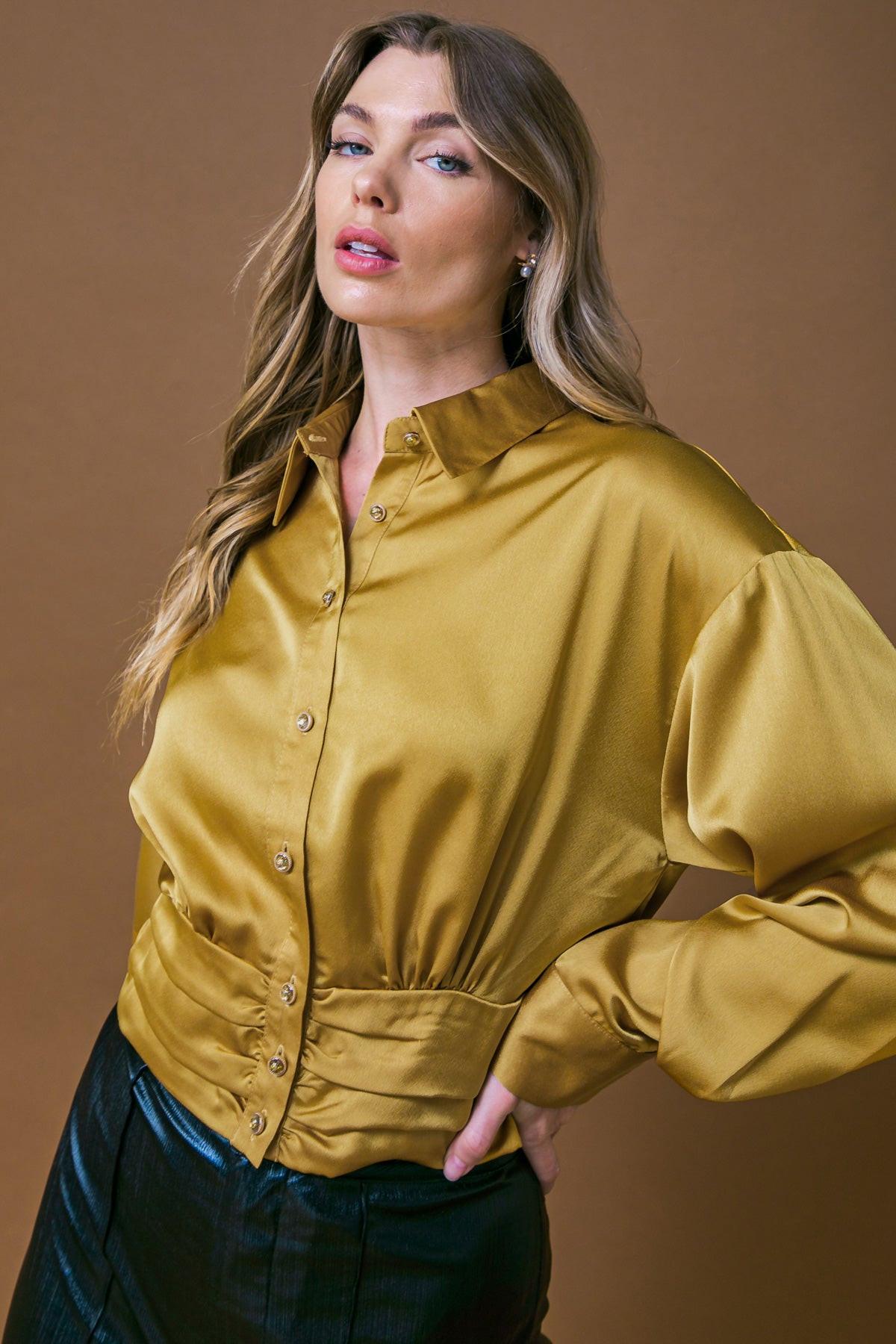 Romantic Moves Woven Top with Shirred Waistband Button Down Shirt Collar — Soul Flow Apparel