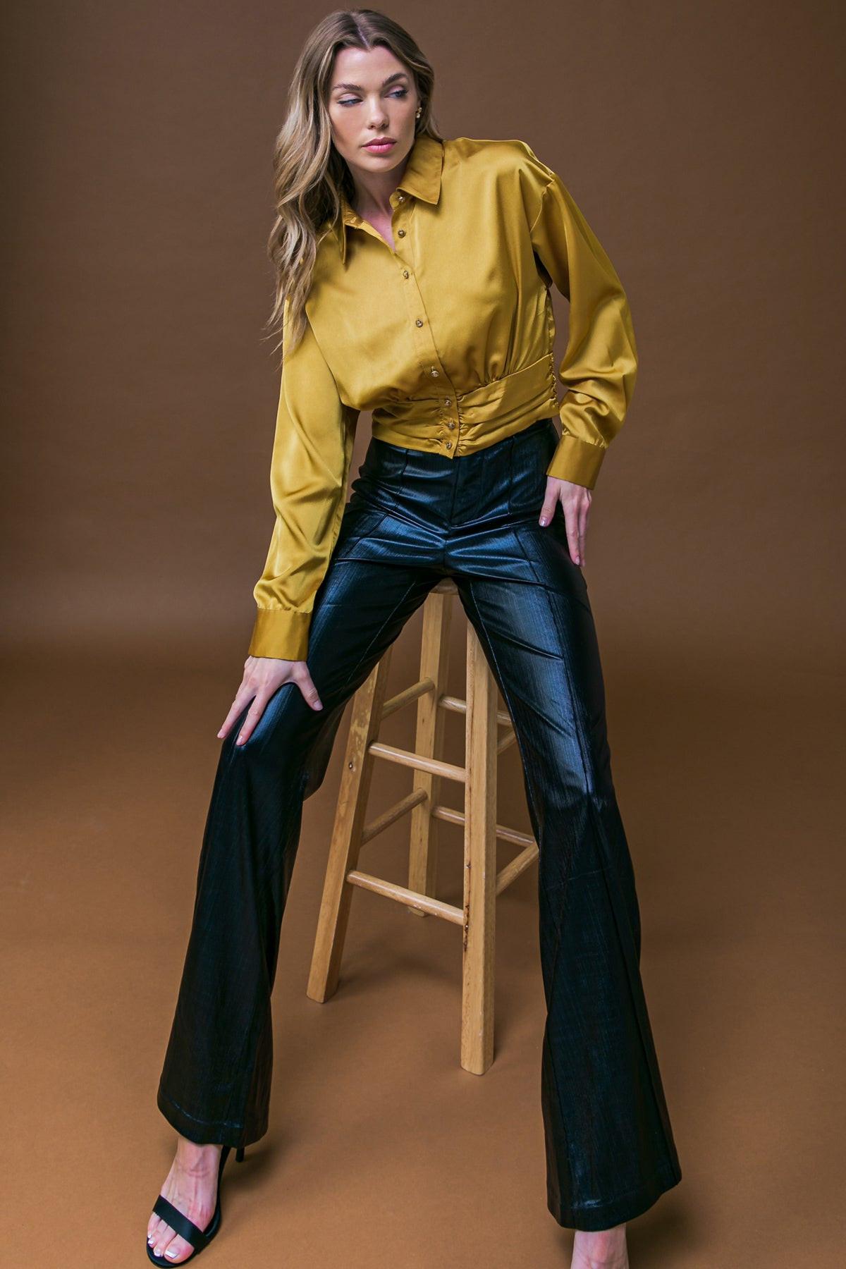 Romantic Moves Woven Top with Shirred Waistband Button Down Shirt Collar — Soul Flow Apparel