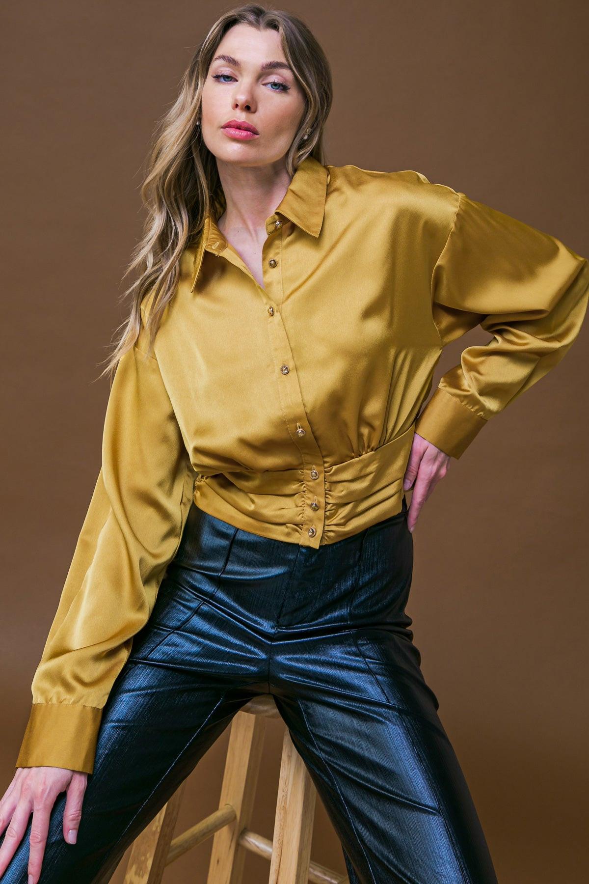 Romantic Moves Woven Top with Shirred Waistband Button Down Shirt Collar — Soul Flow Apparel