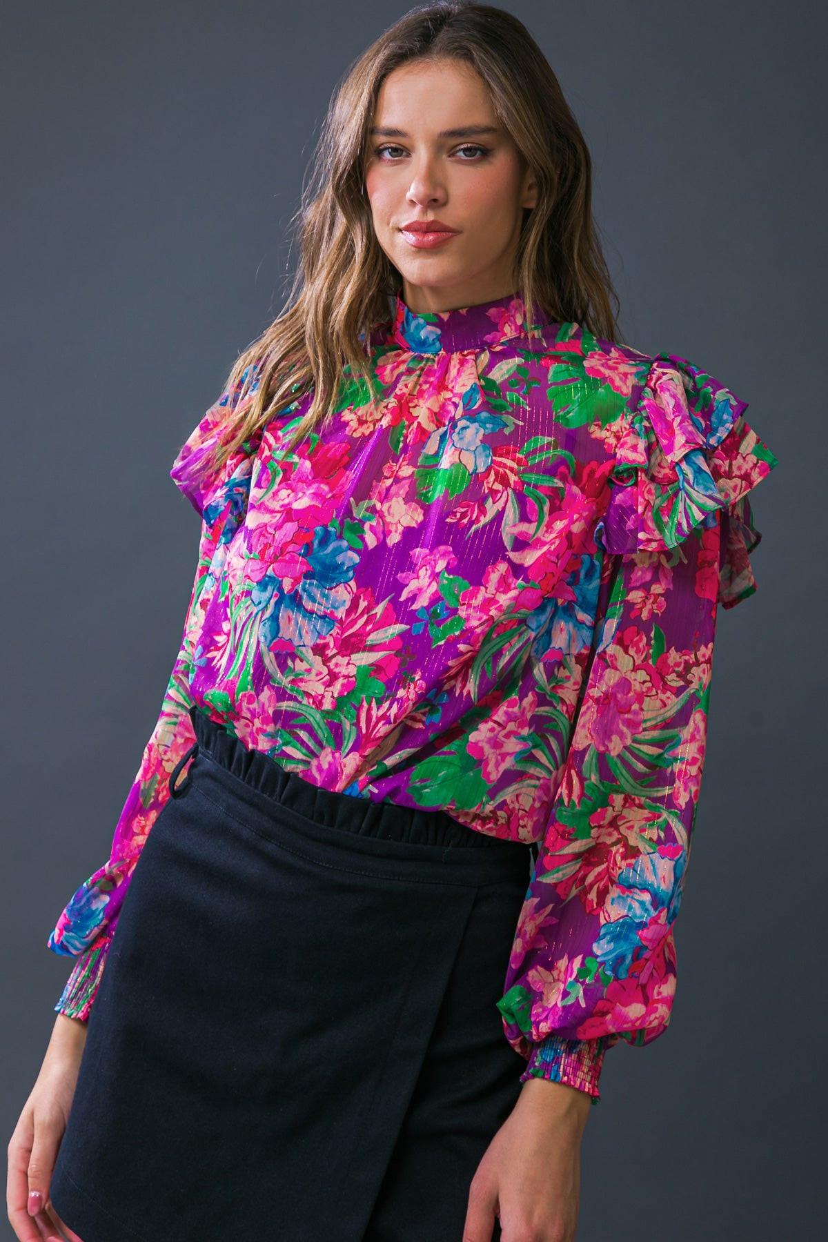 Makes Me Happy Woven Top Long Sleeve High Neck with Smocked Cuffs — Soul Flow Apparel