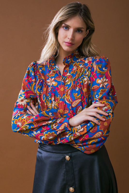 Impressive Blossom Woven Top With Ruffled Neckline And Floral Print