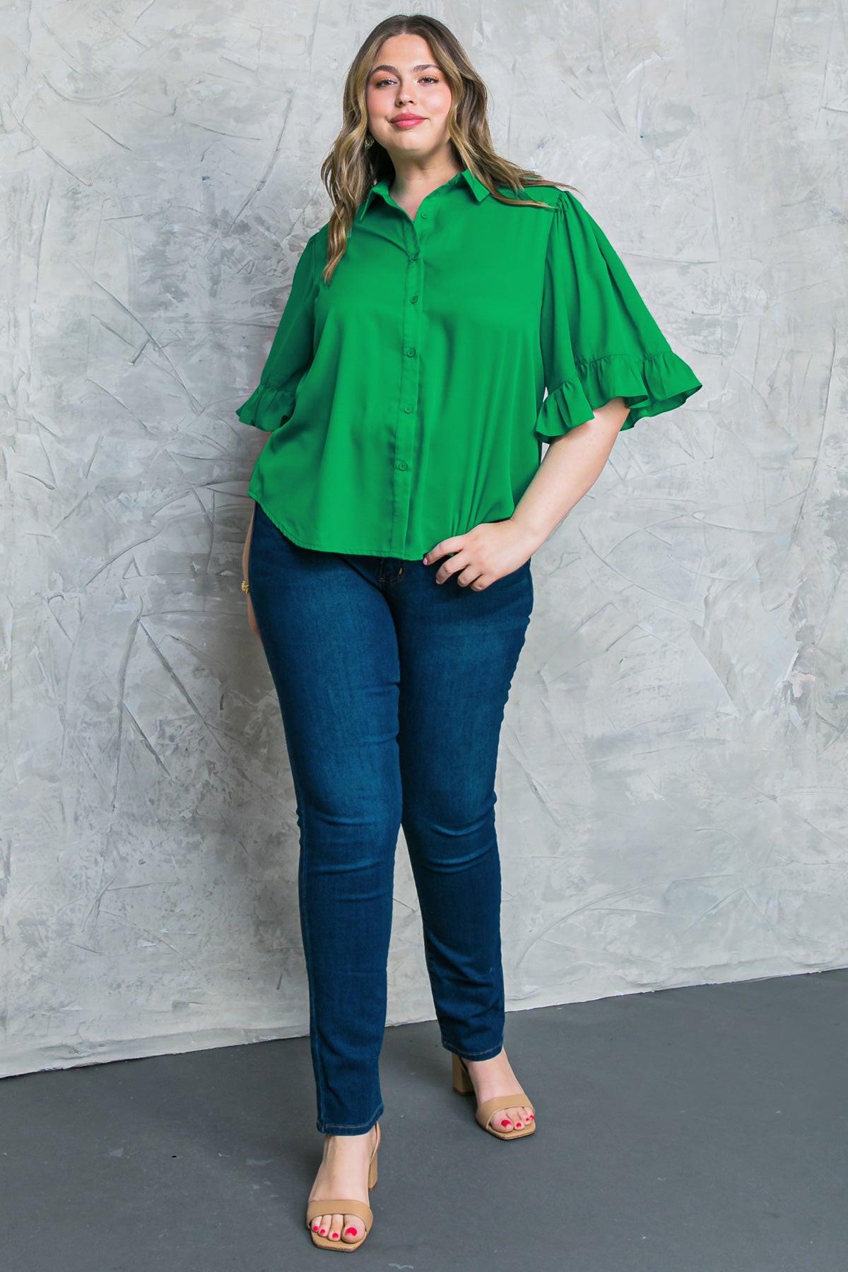 Back to Business Woven Top Shirt Collar Bell Sleeve Blouse for Work — Soul Flow Apparel