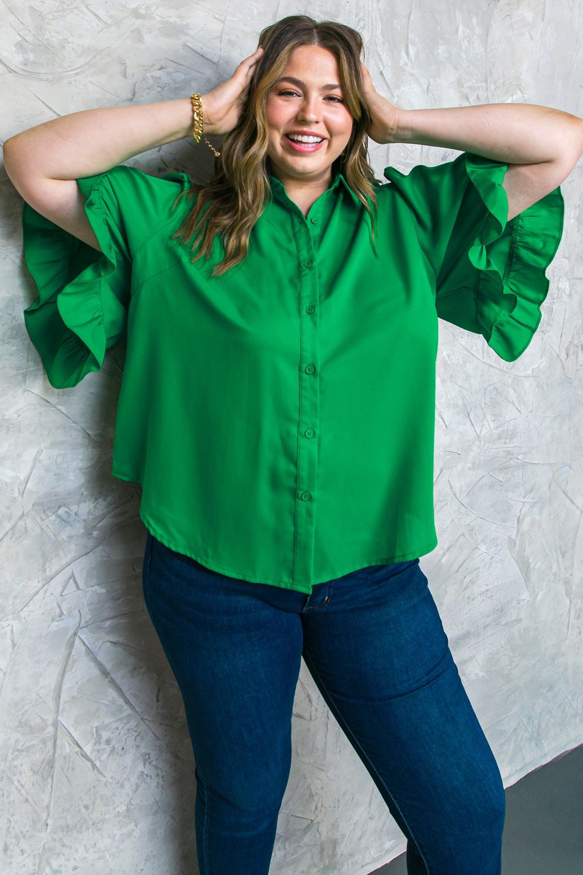 Back to Business Woven Top Shirt Collar Bell Sleeve Blouse for Work — Soul Flow Apparel