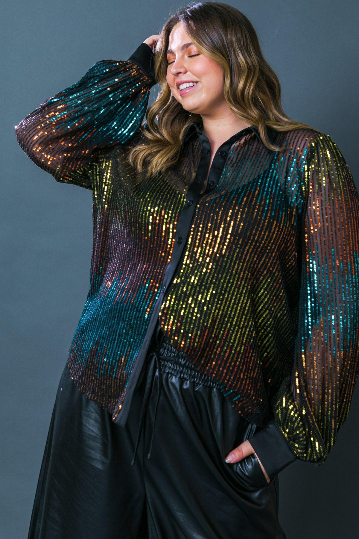 Cause a Commotion Sequin Blouse with Shirt Collar and Button Front — Soul Flow Apparel