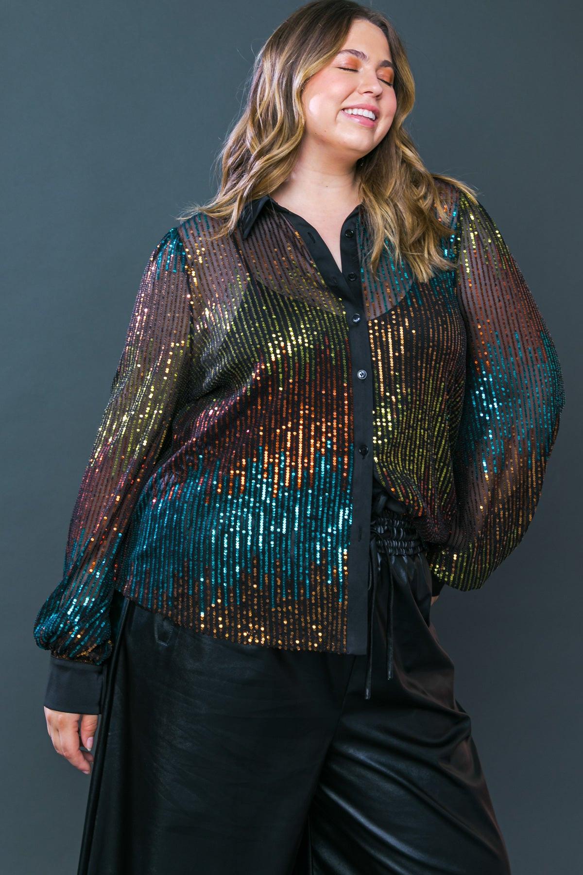 Cause a Commotion Sequin Blouse with Shirt Collar and Button Front — Soul Flow Apparel