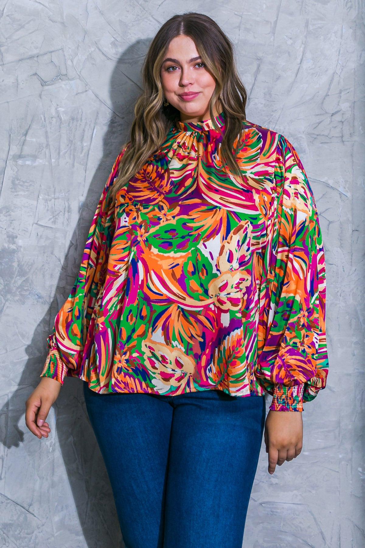 Adoring Devotion Woven Top with High Neck Long Sleeves and Tie Back Print — Soul Flow Apparel