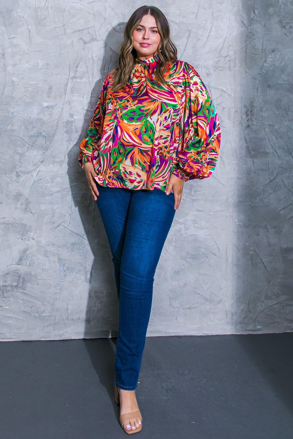 Adoring Devotion Woven Top with High Neck Long Sleeves and Tie Back Print — Soul Flow Apparel