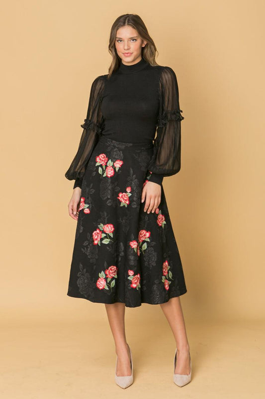 Rose Embroidery Midi Skirt Polyester with Black Rose Brocade Detail in 20blk, view 201 — Soul Flow Apparel