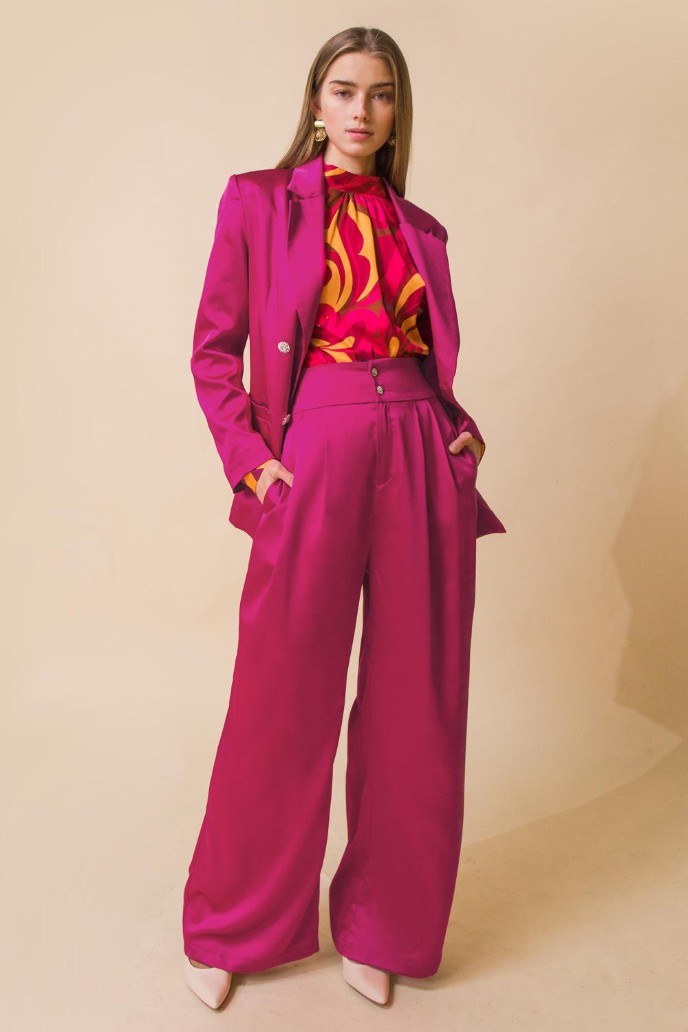 Perfect for Me Satin Blazer with Front Pockets Tailored Fit and Sleeve Buttons in 20fuch, view 202 — Soul Flow Apparel