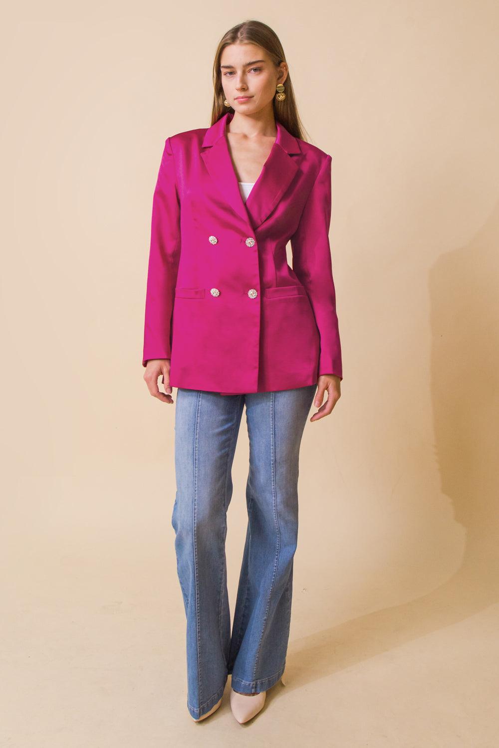 Perfect for Me Satin Blazer with Front Pockets Tailored Fit and Sleeve Buttons in 20fuch, view 2030 — Soul Flow Apparel