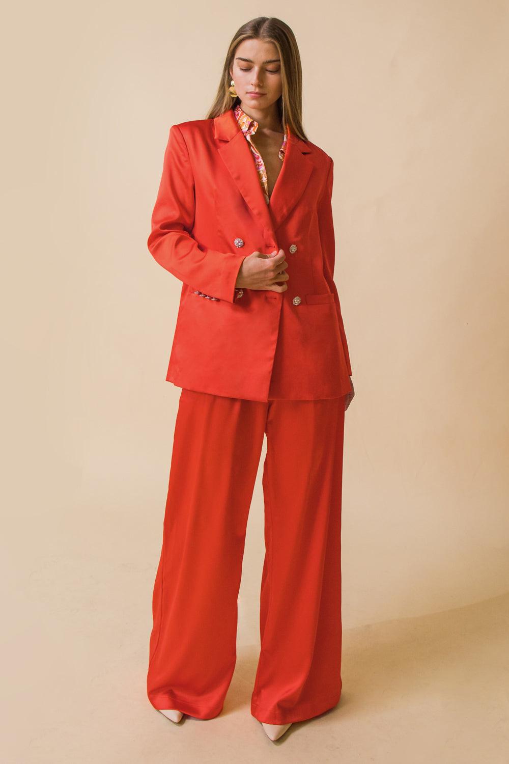Perfect for Me Satin Blazer with Front Pockets Tailored Fit and Sleeve Buttons in 20orange, view 205 — Soul Flow Apparel