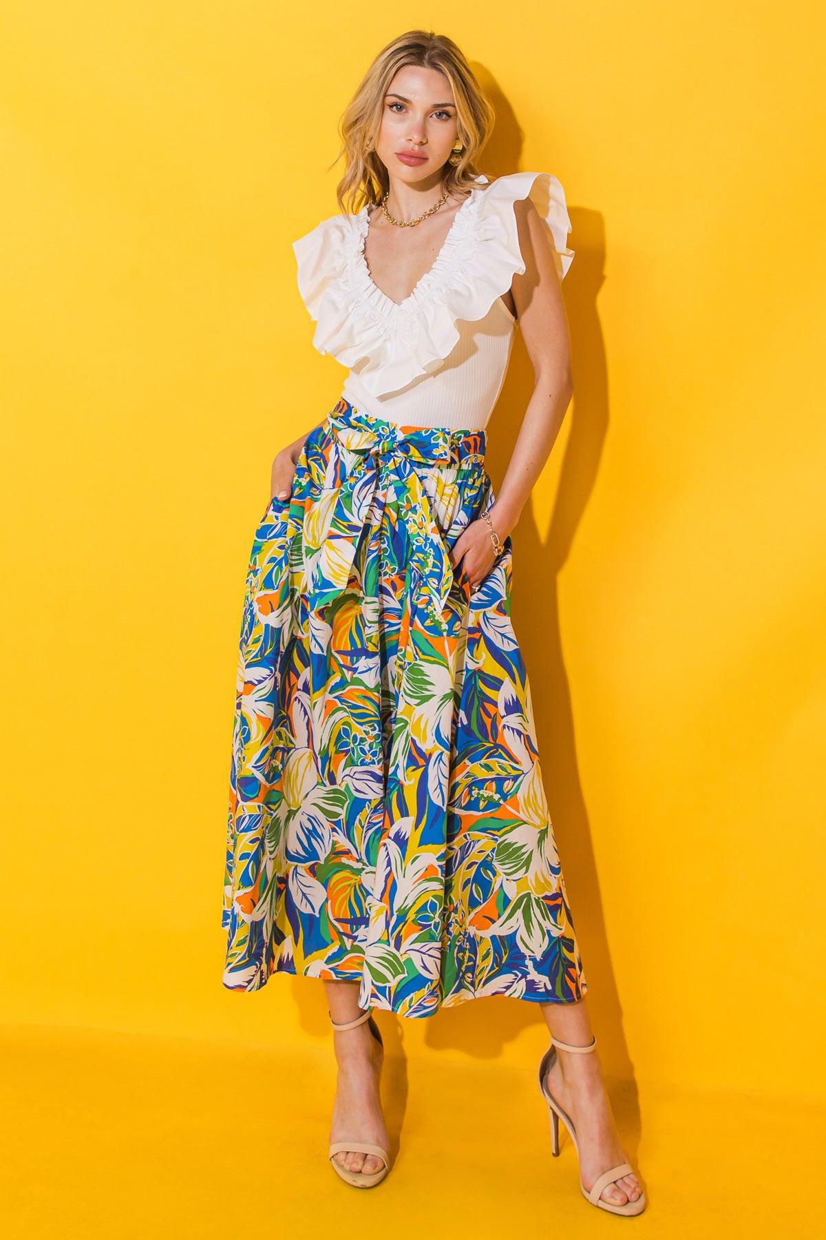 Printed Poplin Full Skirt with Self Tie and Pockets Side Zip Closure in 20blu 20grn1 — Soul Flow Apparel