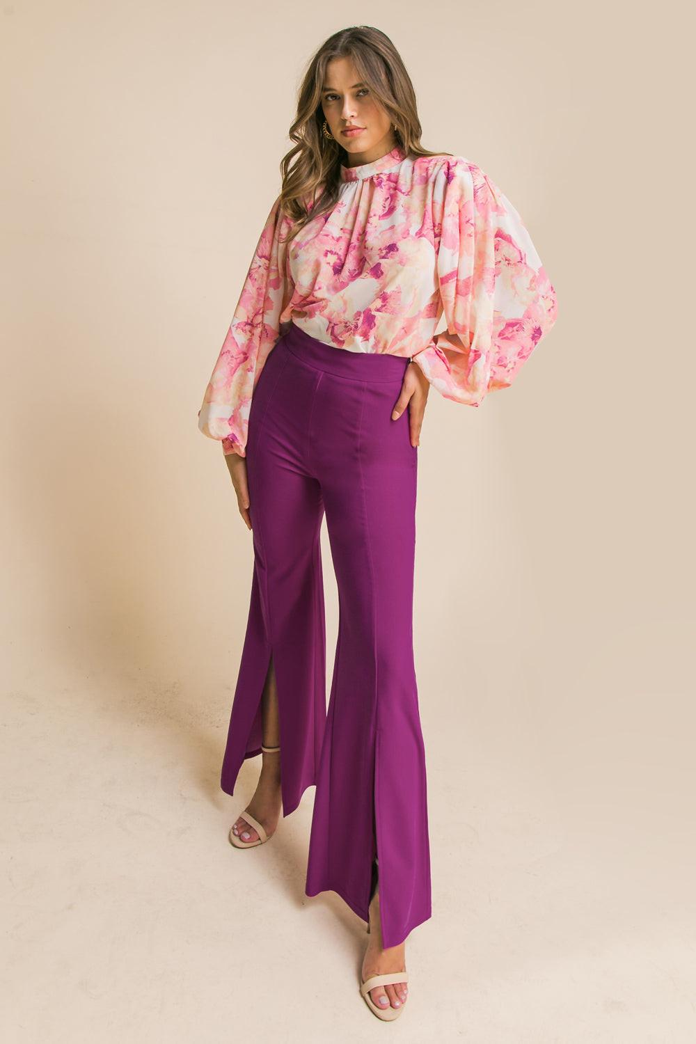Hey Darling Woven Flare Pants with Center Seam and Slit Bottom in 20mag, view 1 — Soul Flow Apparel