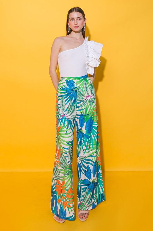 Pretty on Point Printed Woven Pants with Wide Leg and Elastic Waistband in 20ivo 20gre, view 202 — Soul Flow Apparel
