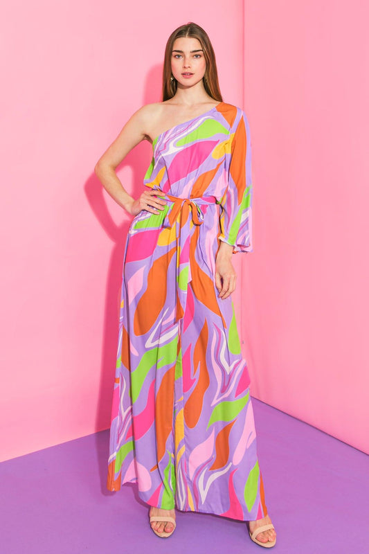 Harmony Woven Jumpsuit One Shoulder Printed Lightweight Self Tie Belt in 20lav, view 201 — Soul Flow Apparel