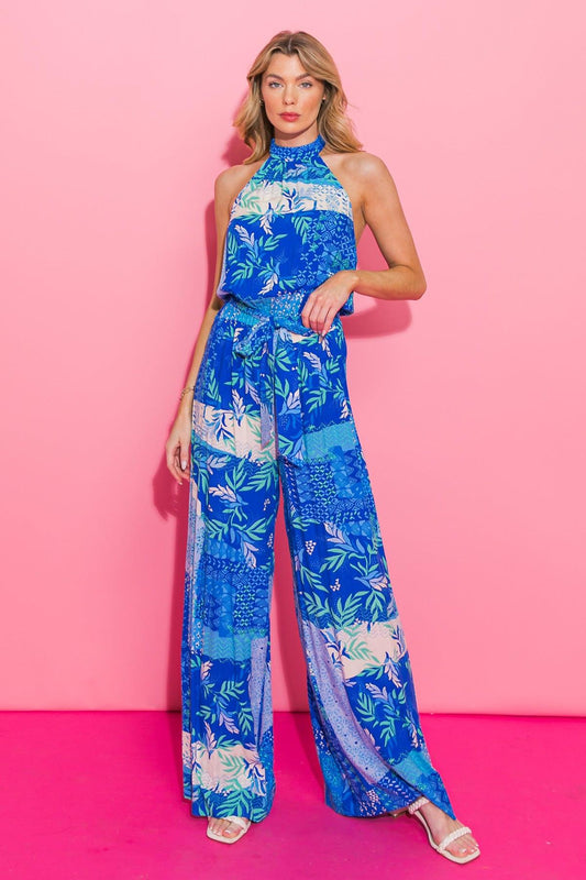 Kiss Me More Printed Woven Jumpsuit with Halter Neckline Bare Back Tie in 20blu 20combo, view 201 — Soul Flow Apparel