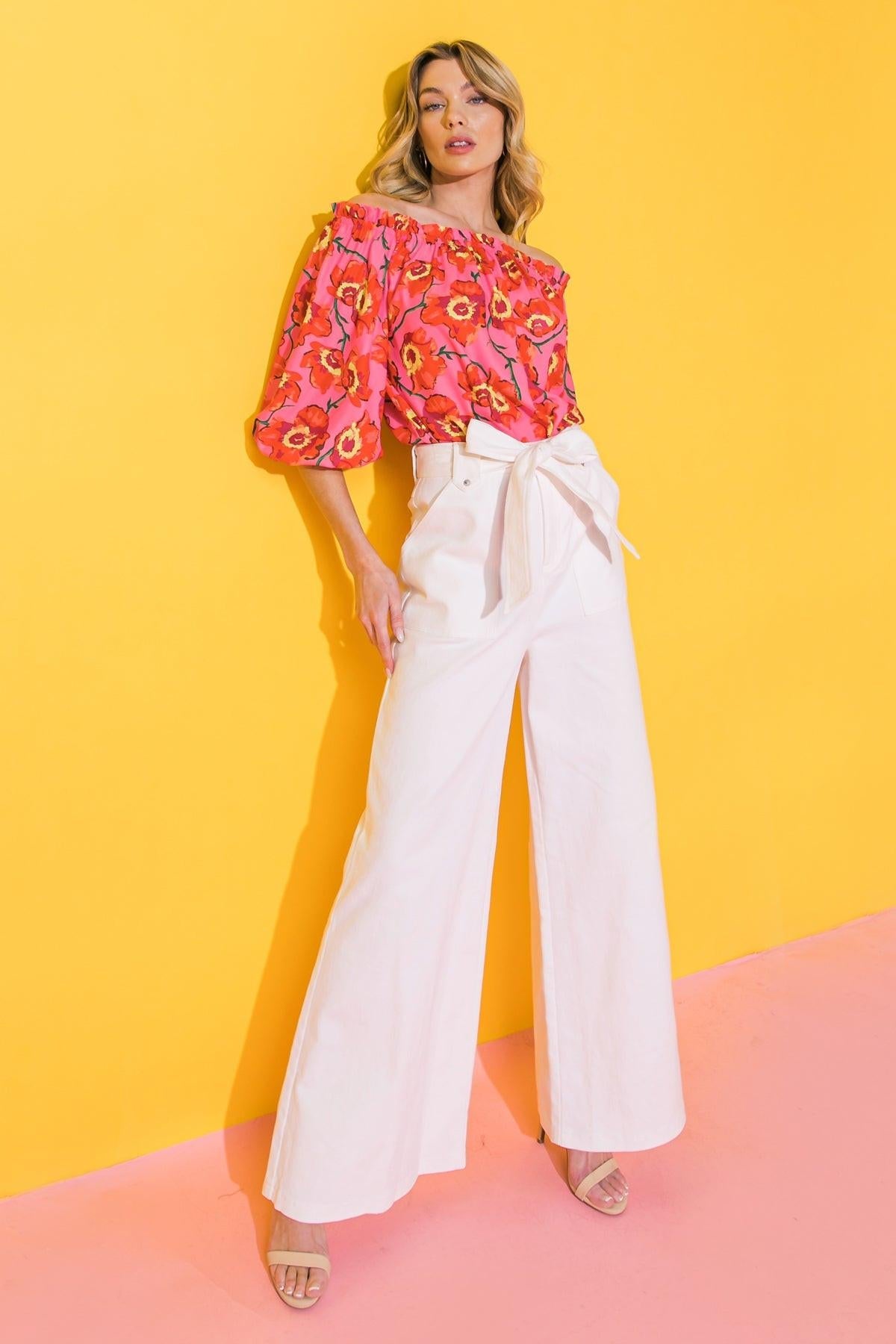 Just Say Yes Cotton Twill Pants with Self Tie Belt and Wide Leg in 20wht — Soul Flow Apparel