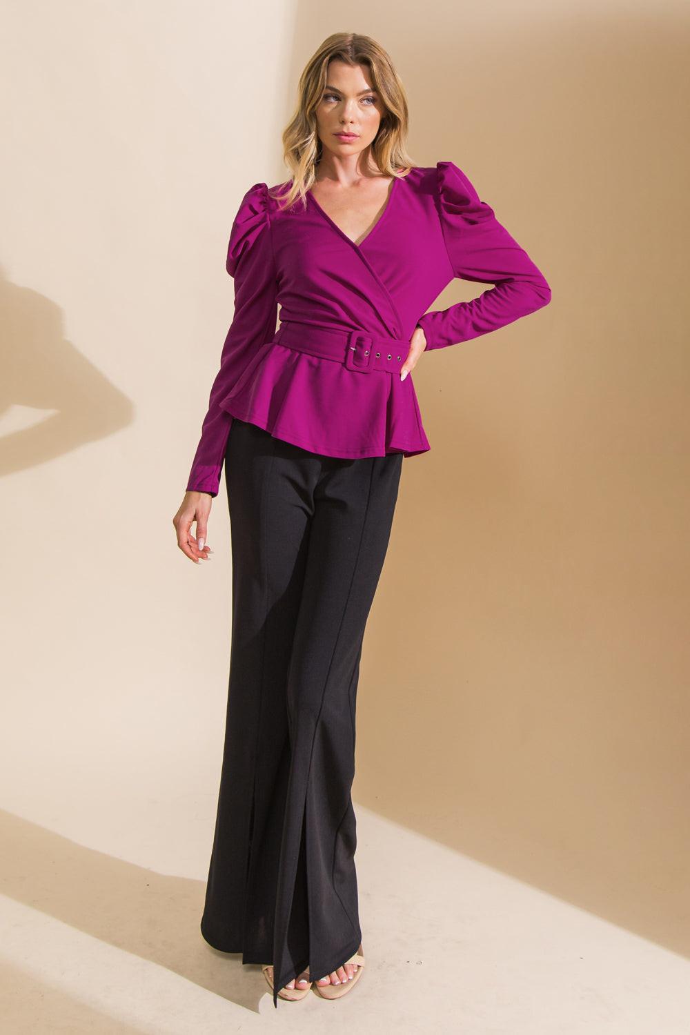 Stay with Me Woven Top Surplice Neckline Puff Sleeve Self Belt in 20mege, view 203 — Soul Flow Apparel