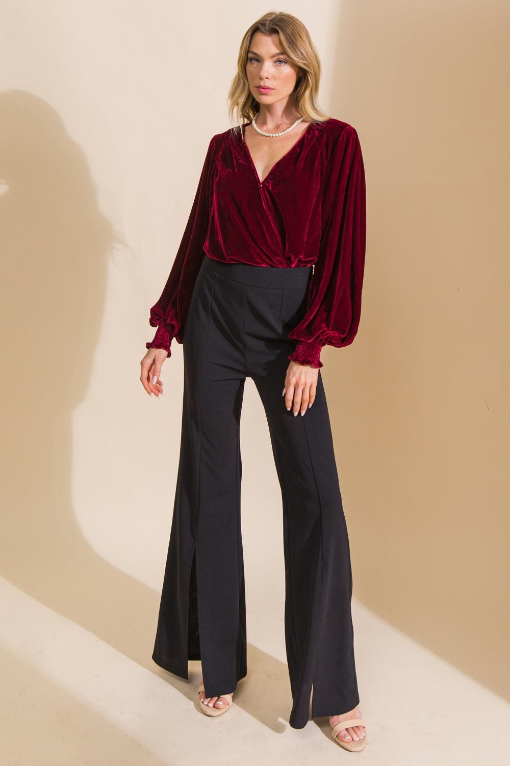 Like No Other Velvet Bodysuit with Surplice Neckline Mesh Bottom Snap Closure in 20bur, view 201 — Soul Flow Apparel