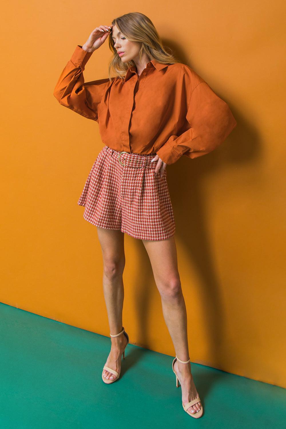 State of Success Poplin Top with Classic Collar Front Button Placket in 20rust, view 2023 — Soul Flow Apparel