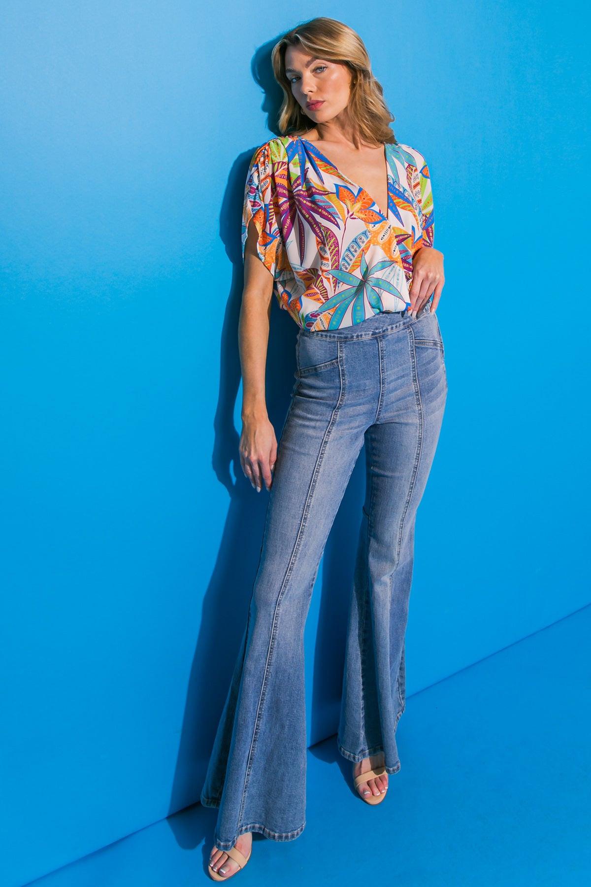 Take Notes Woven Bodysuit with Surplice Neckline and Pleated Shoulders in 20offwht 20purp, view 204 — Soul Flow Apparel