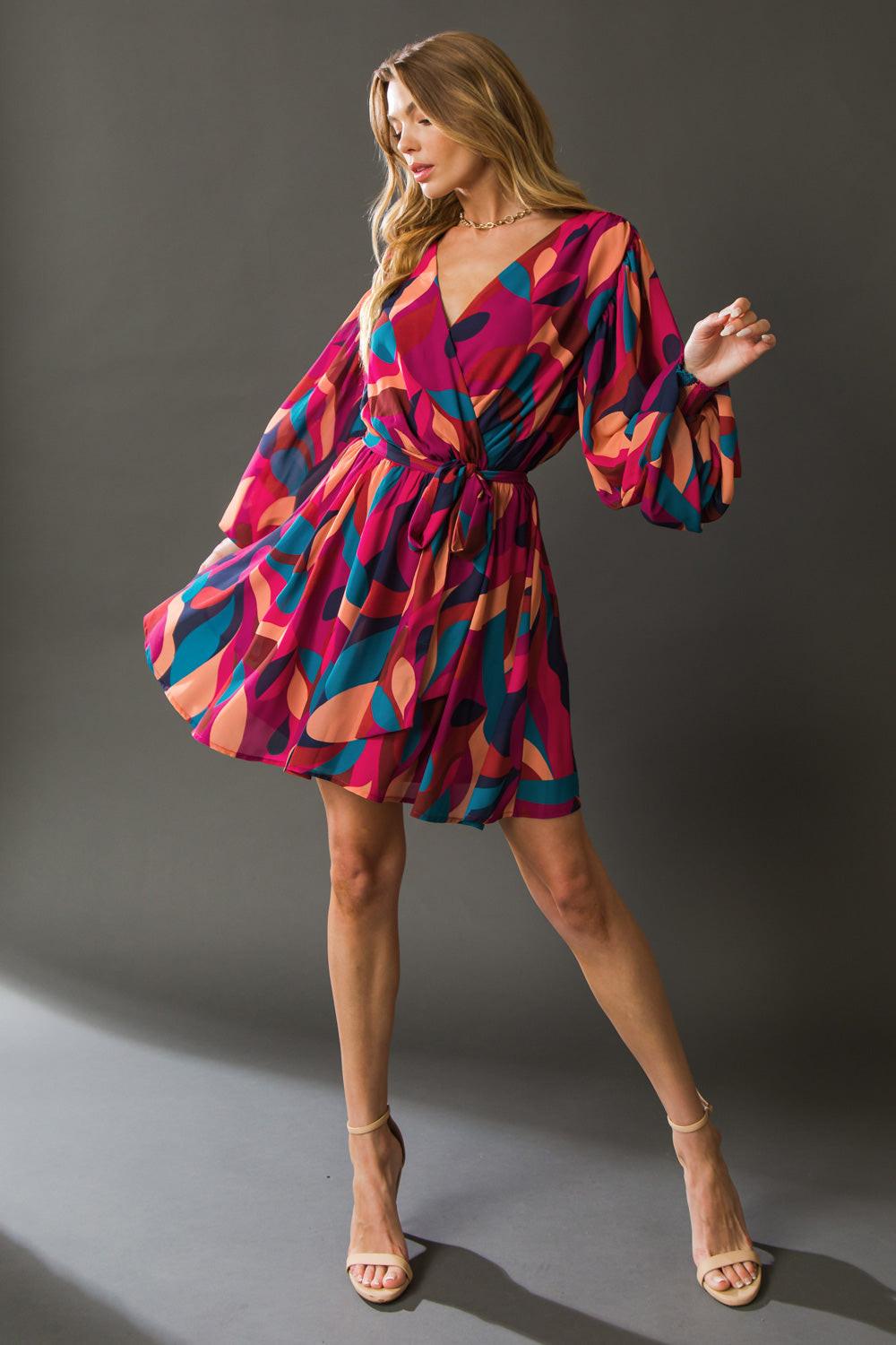 Boston Getaway Woven Mini Dress Surplice Neckline Elasticized Waist Self Tie — Soul Flow Apparel
