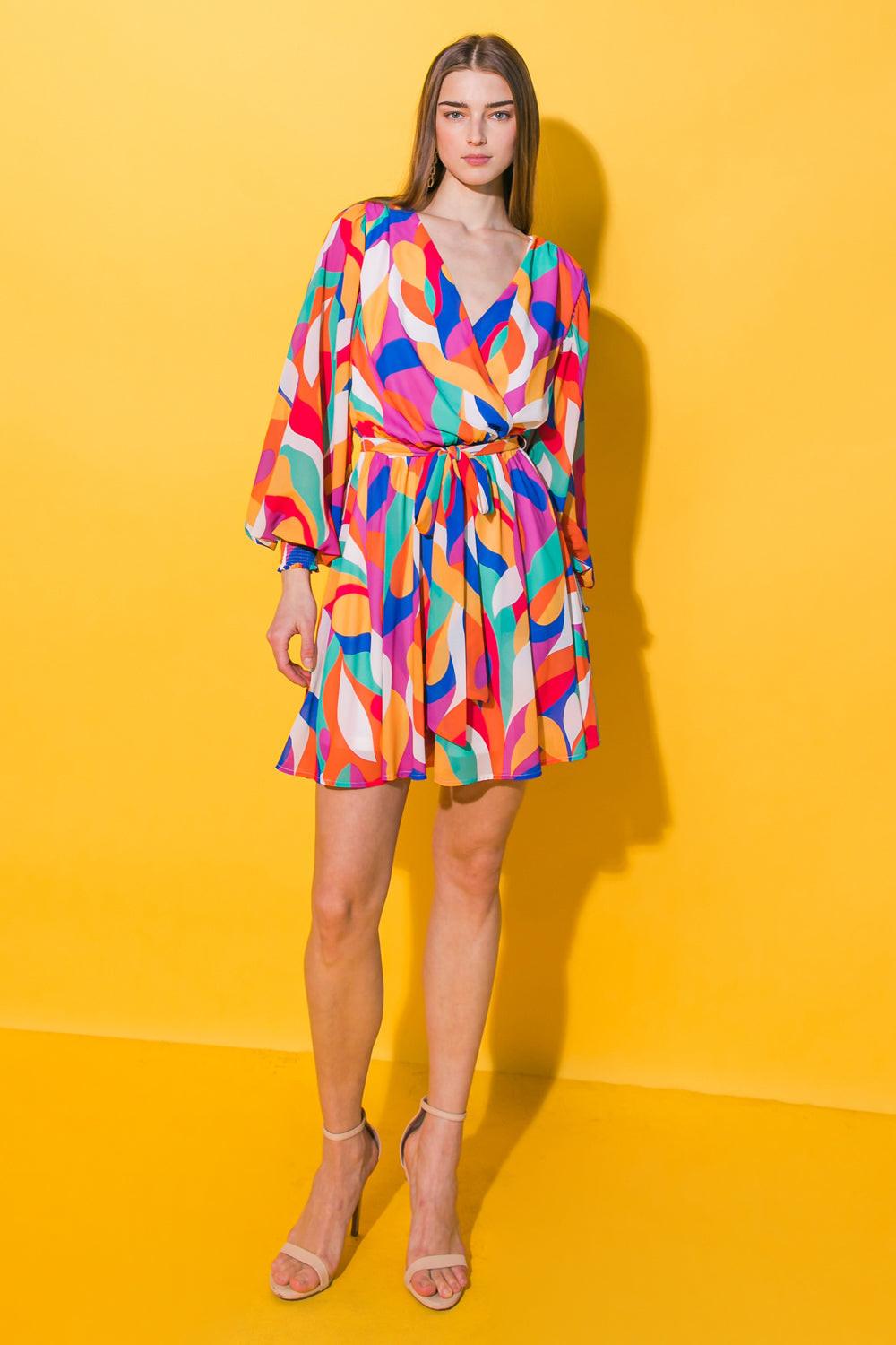 Boston Getaway Woven Mini Dress Surplice Neckline Elasticized Waist Self Tie — Soul Flow Apparel