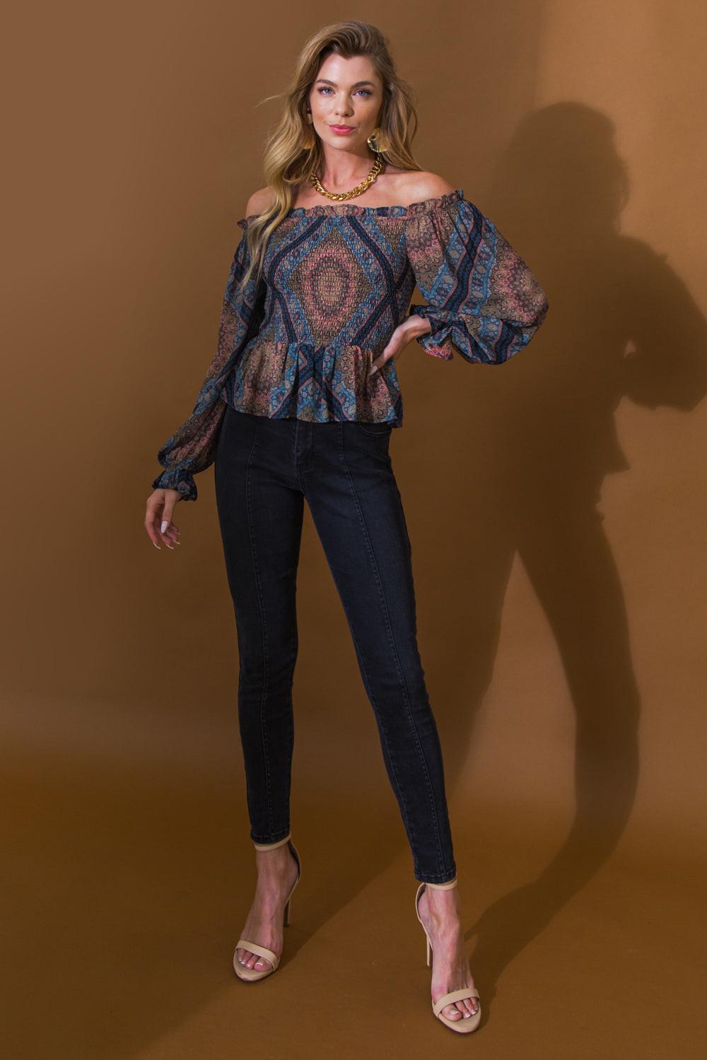 Boho Rainbow Woven Top With Off Shoulder Ruffle Puff Sleeves Peplum