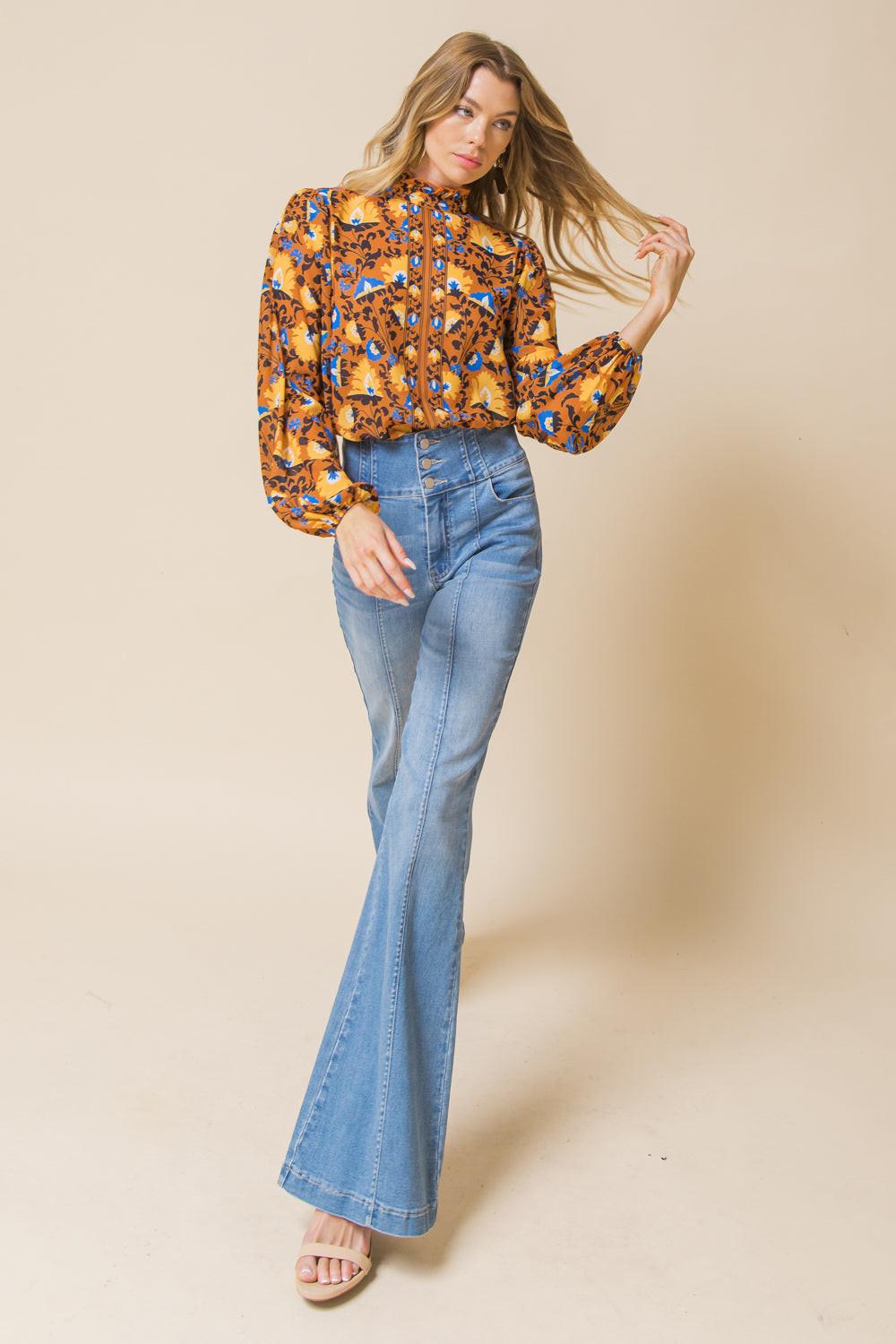 Overthinking It Woven Top with High Neckline and Ruffled Peasant Sleeves — Soul Flow Apparel