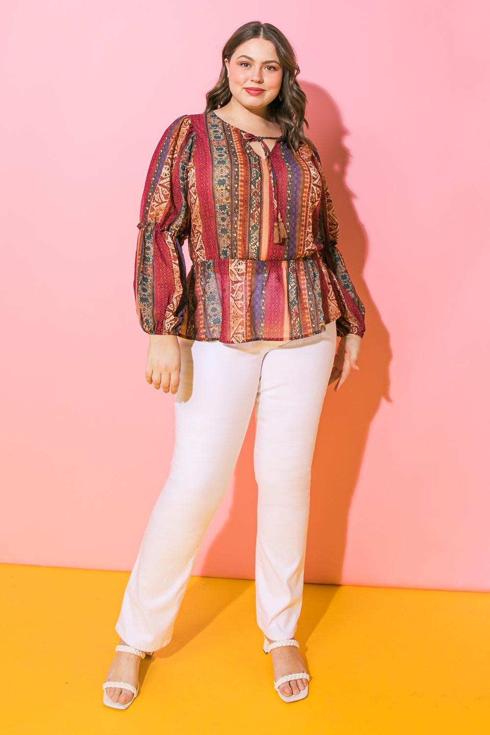 Thrilled for This Woven Top with Printed Peplum and Tassel Tie Polyester Fabric — Soul Flow Apparel