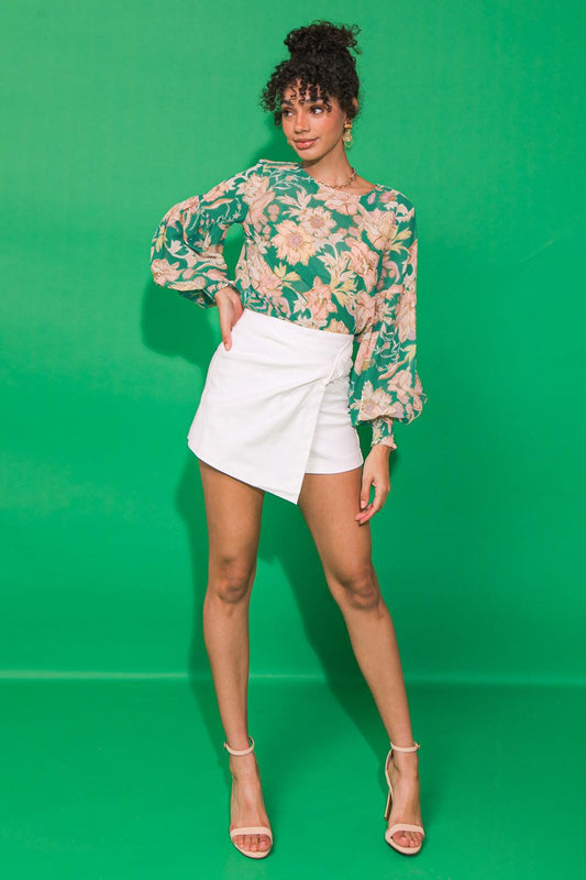 Daybreak Skyline Woven Top Round Neck Shirred Sleeves Back Keyhole Closure — Soul Flow Apparel