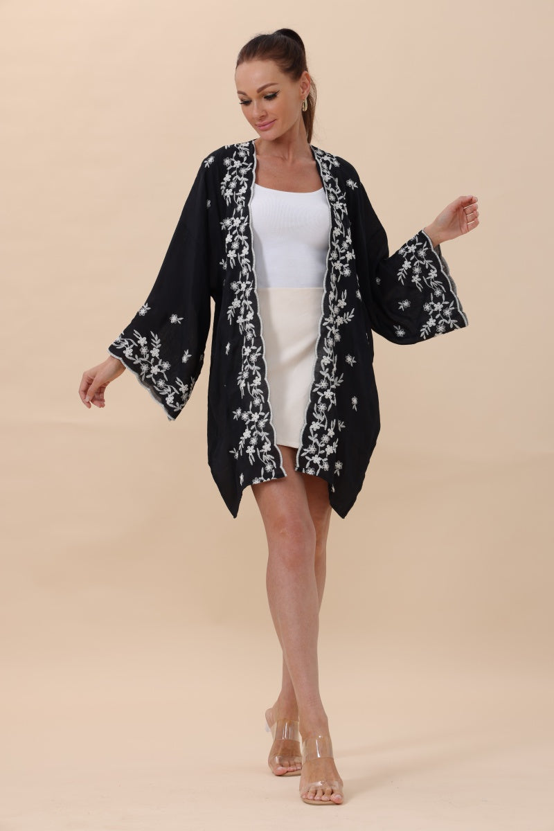 Floral Embroidered Open Front Kimono Cardigan – Lightweight Boho Clothing and Accessories