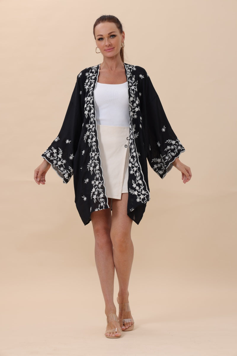 Floral Embroidered Open Front Kimono Cardigan – Lightweight Boho Clothing and Accessories