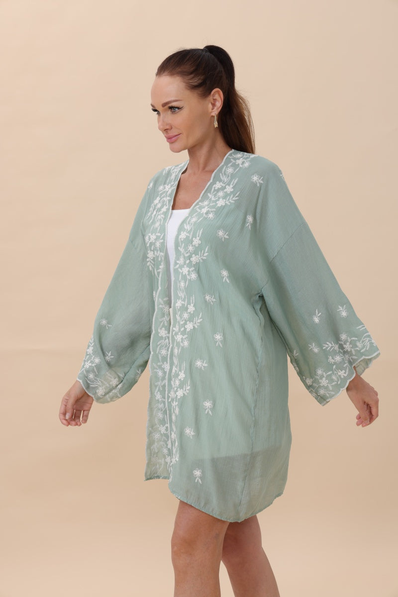 Floral Embroidered Open Front Kimono Cardigan – Lightweight Boho Clothing and Accessories