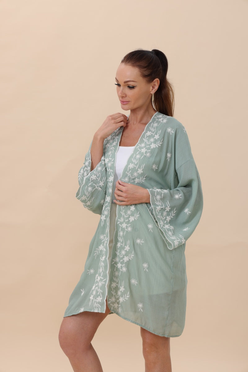 Floral Embroidered Open Front Kimono Cardigan – Lightweight Boho Clothing and Accessories