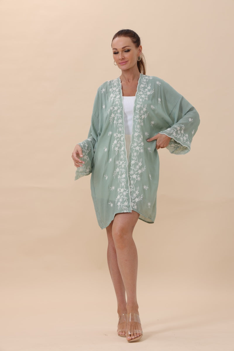 Floral Embroidered Open Front Kimono Cardigan – Lightweight Boho Clothing and Accessories