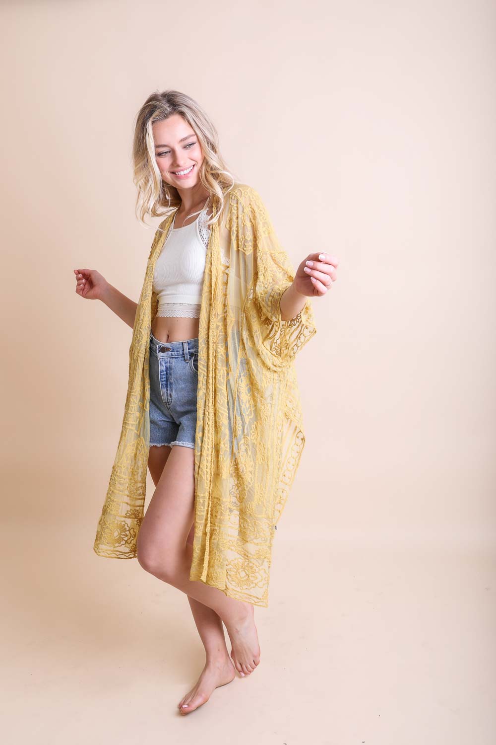 Leto Collection floral mandala mesh kimono poncho with colorful floral and mandala patterns, lightweight and stylish for layering.