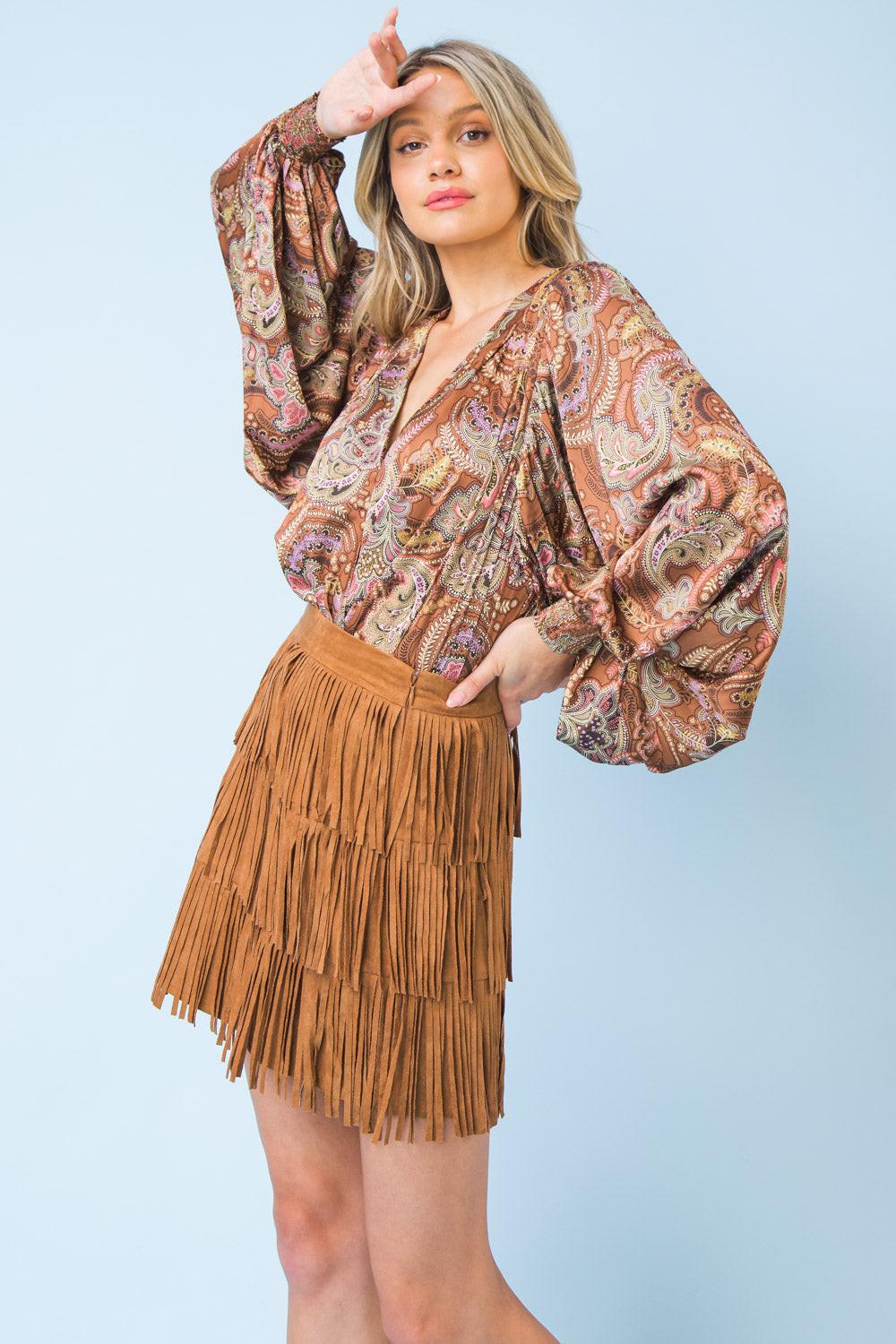 She Deserves a Crown Fringe Mini Skirt with Side Zipper Faux Suede in 20cml, view 3 — Soul Flow Apparel