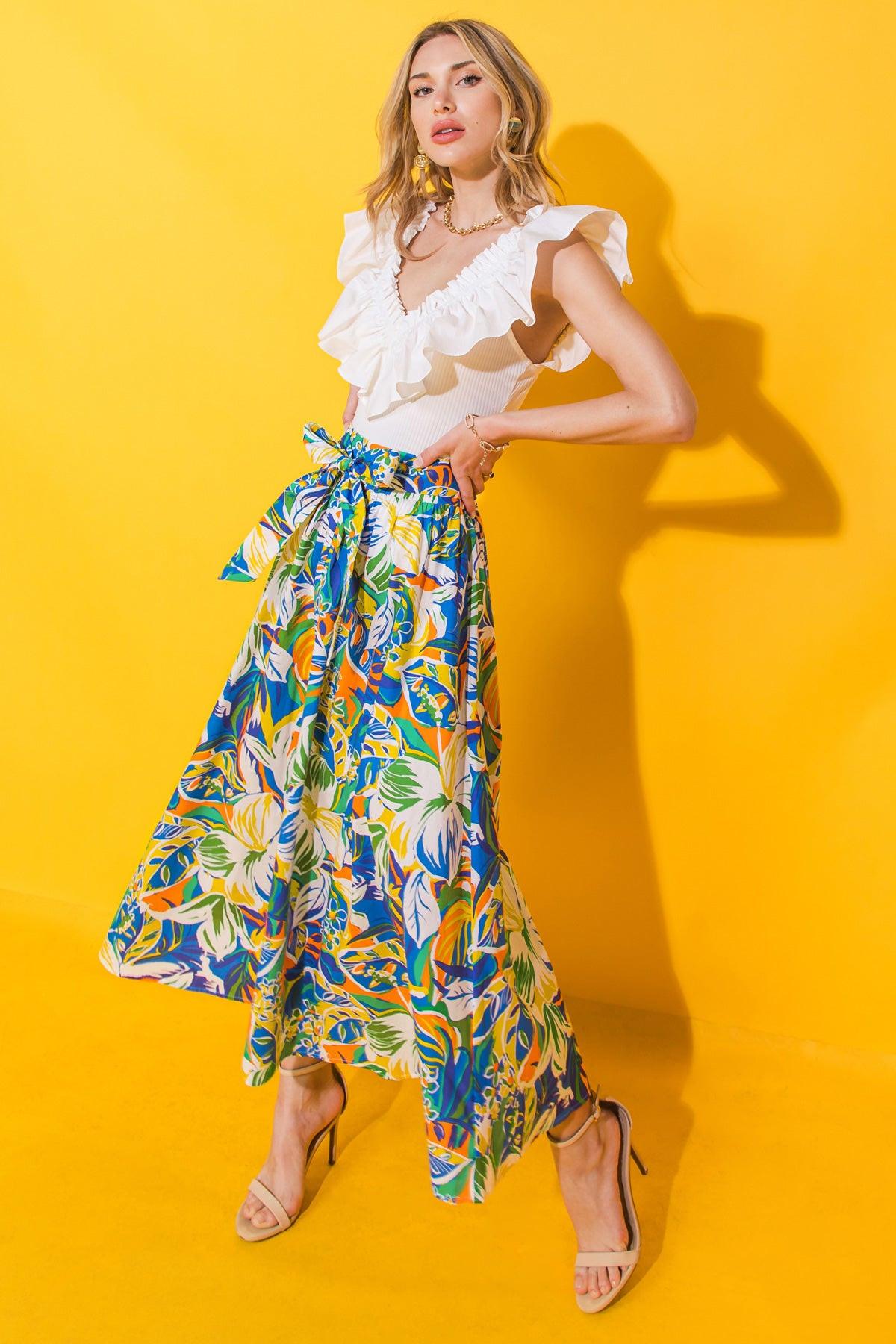 Printed Poplin Full Skirt with Self Tie and Pockets Side Zip Closure in 20blu 20grn6 — Soul Flow Apparel