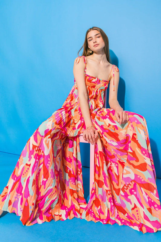 Better Get Going Woven Jumpsuit with Smocked Top and Pleated Body Printed in 20ora 20pi55 — Soul Flow Apparel
