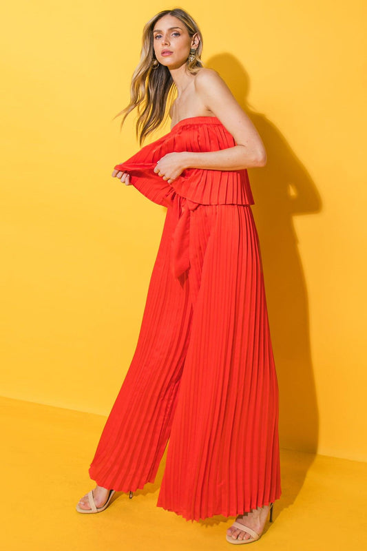 My Red Tomato Woven Jumpsuit with Straight Neckline and Self Sash Tie Wide Leg in 20tom 20red9 — Soul Flow Apparel