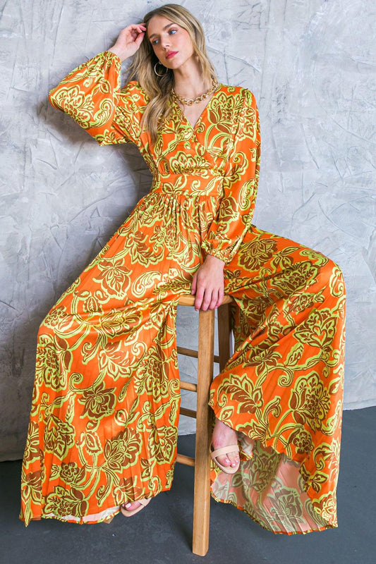 Blushing with Brilliance Satin Jumpsuit Surplice Neckline Pleated Wide Leg in 20ora 20bro18 — Soul Flow Apparel
