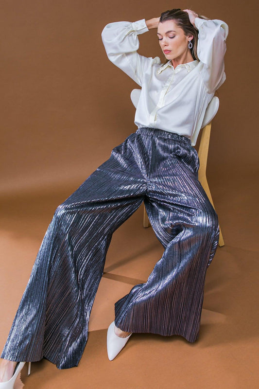 Porch Swing Kisses Woven Pants Wide Leg Pleated Elasticized Waistband in 20gun 20met44 — Soul Flow Apparel