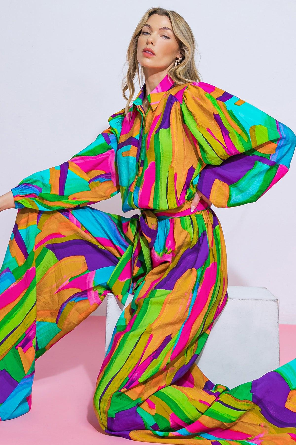 All My Heart Woven Jumpsuit with Shirt Collar Blouson Sleeves and Wide Leg in 20gre 20pin42, view 1 — Soul Flow Apparel