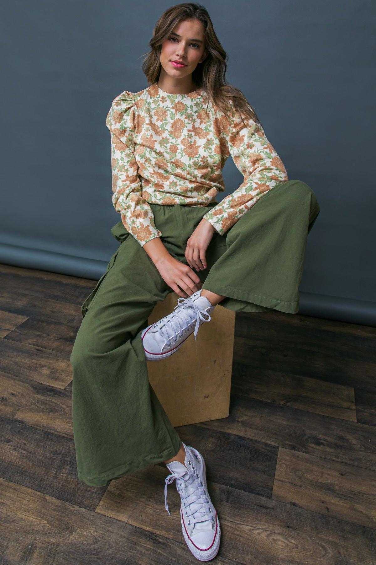 Officially Impressive Sweater Top with Printed Design and Long Puff Sleeves in 20cre45 — Soul Flow Apparel