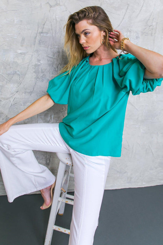 Loved Always Woven Top with Pleated Round Neck and Puff Sleeves in 20tur19 — Soul Flow Apparel