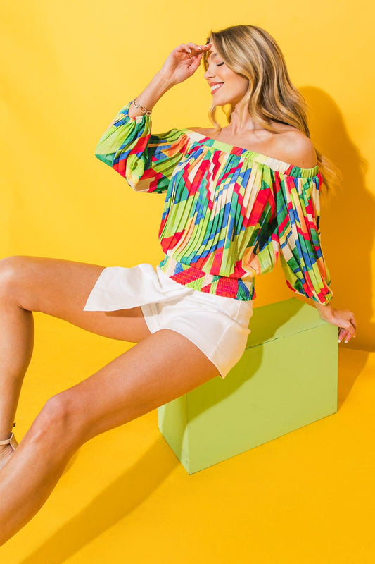 Printed Woven Top with Off Shoulder Neckline Pleated Body Smocked Waist in 20grn 20red25 — Soul Flow Apparel