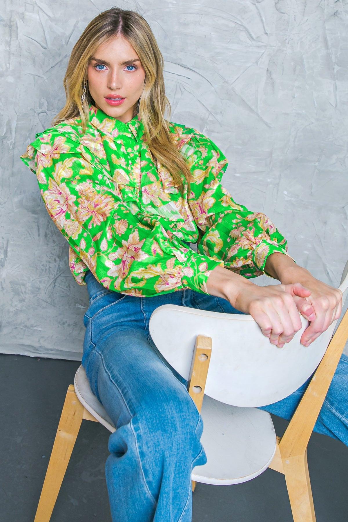 Stuck on an Island Printed Woven Top with Ruffles and Shirt Collar in 20gre21 — Soul Flow Apparel