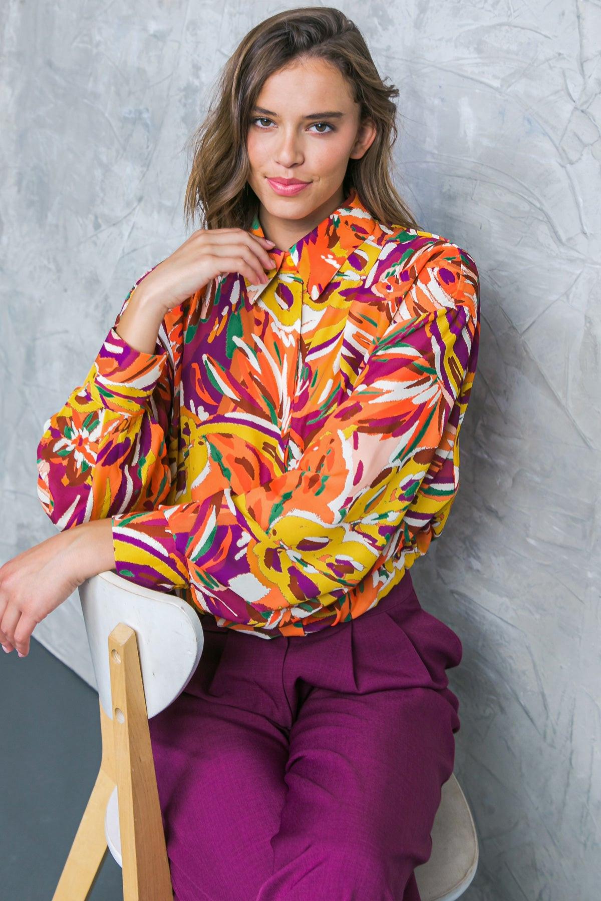 Famous Behavior Printed Woven Top with Shirt Collar and Long Sleeves in 20rus47 — Soul Flow Apparel