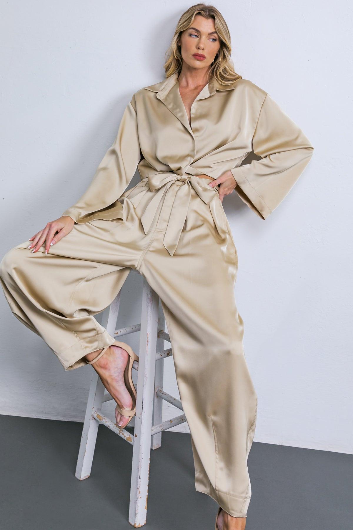 Powerful Charm Satin Top With Front Twist And Long Sleeve V Neck
